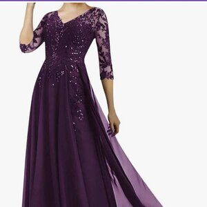 NWt Long Evening Formal Dress V Neck Wedding Gown-PURPLE